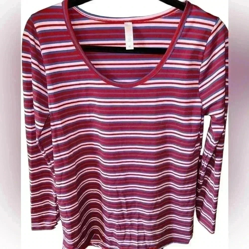 Lularoe medium stripe long sleeve Lynnae top.‎ Burgundy, blue, pink stripe. NWT.